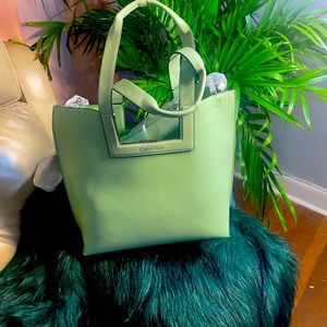 Calvin Klein Tote.  Light green. Large tote, Crossbody, make up bag.